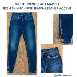 White House Black Market Size 4 skinny hi-rise jeans with tan leather accents